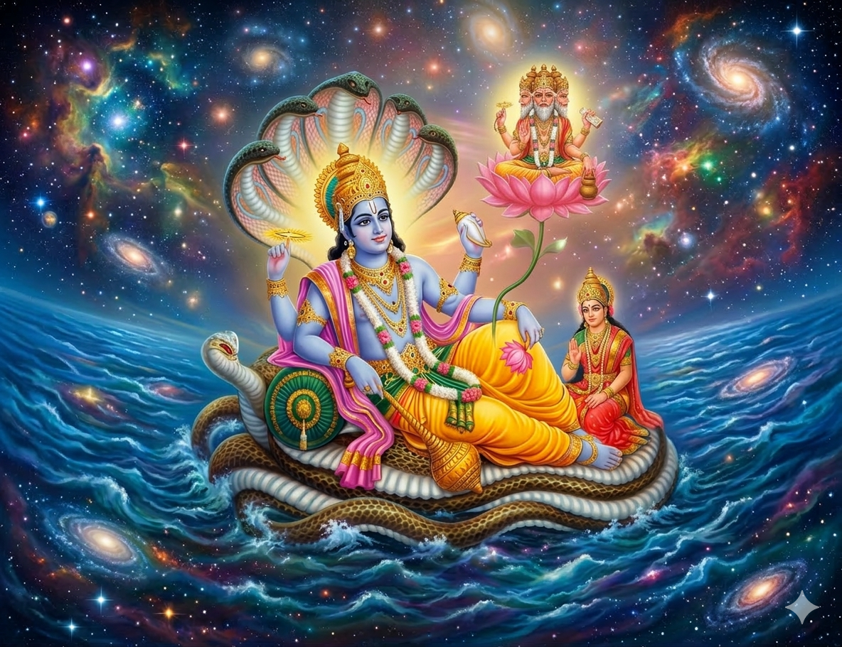 Lord Vishnu reclining on serpent Shesha